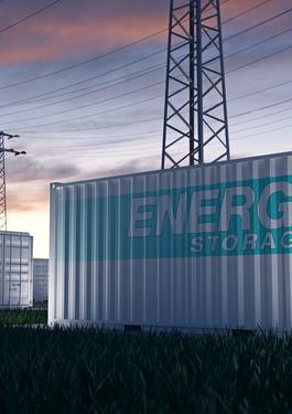 Renewable energy storage. Containers with high tension towers. By Negro Elkha