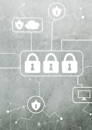 Man connected on laptop + network infographics