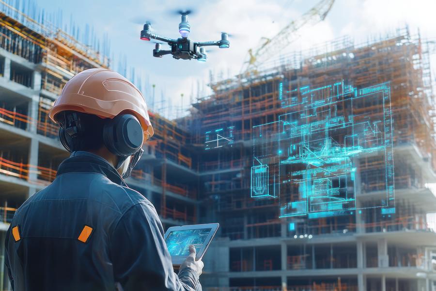 A futuristic construction worker using smart technology