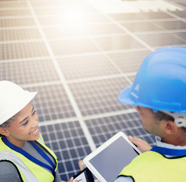Techician people working on renewable energy, innovation and photovoltaic By David L/peopleimages.com